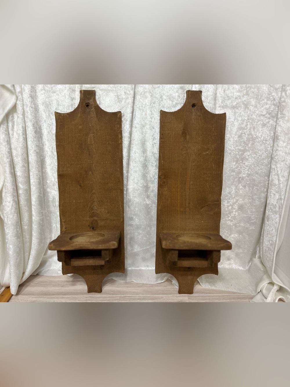 Vintage Primitive Wood Wall Candle Sconces Pair Rustic Farmhouse